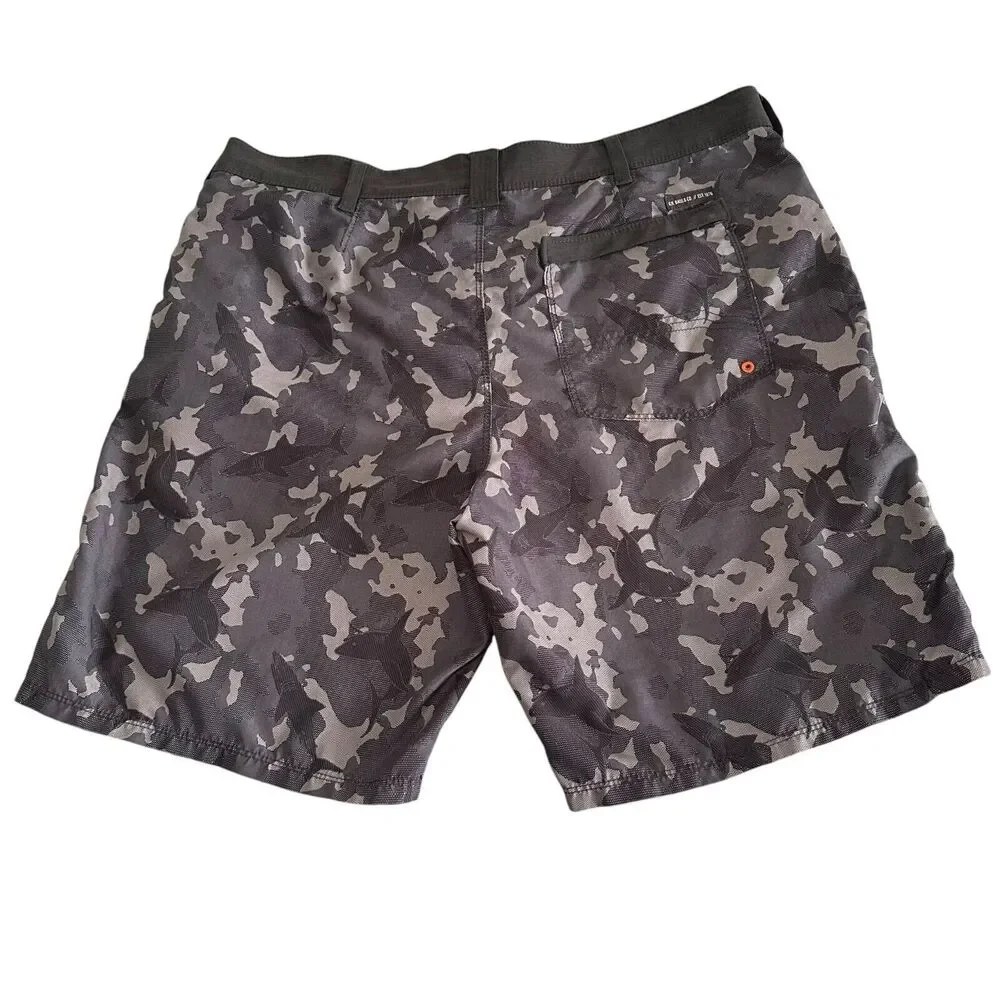 G. H. Bass & Co. Board Shorts Men's Size 38 Black/Gray Camo Sharks Fishing Surf